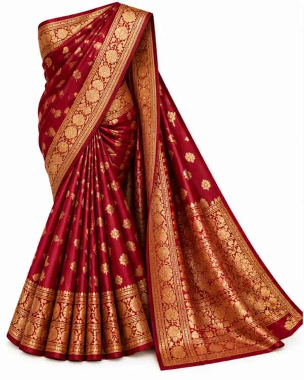 Maroon Banarasi katan silk saree with gold zari border, full drape front view