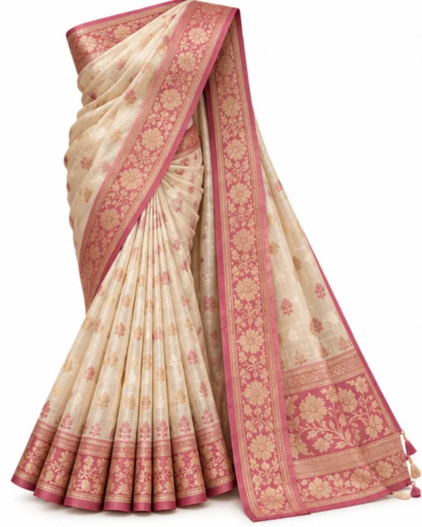 Champagne beige Chanderi silk-cotton saree with dusty rose border, full drape front view