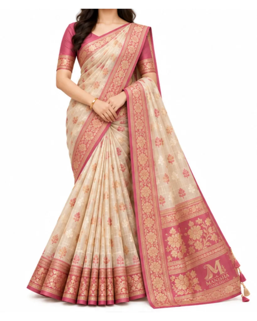 Women's Chanderi Silk-Cotton Saree - Beige/Dusty Rose/Gold