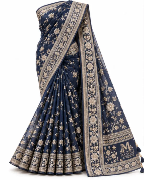 Navy blue silk georgette saree with silver floral embroidery, full drape front view