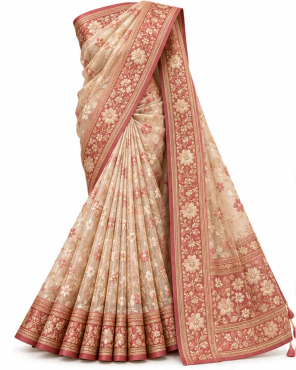Blush pink embroidered silk organza saree with dusty rose border, full drape front view