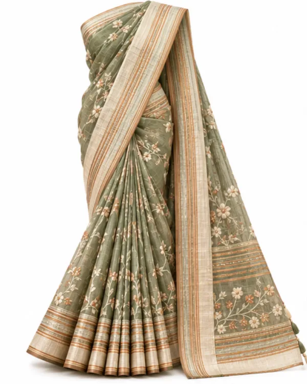 Sage green handwoven linen saree with ivory border, full drape front view