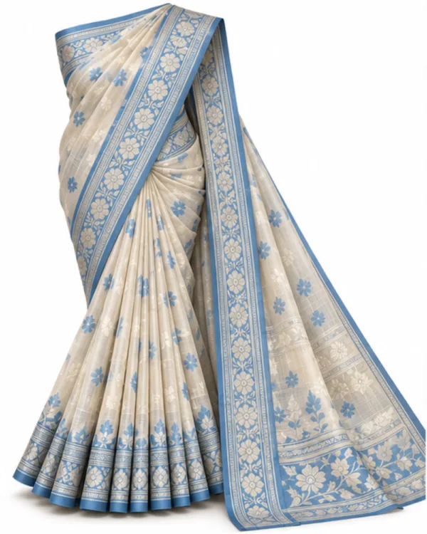 Ivory Jamdani cotton saree with powder blue floral border, full drape front view