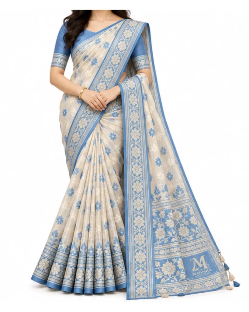 Women's Handwoven Jamdani Cotton Saree - Ivory/Powder Blue