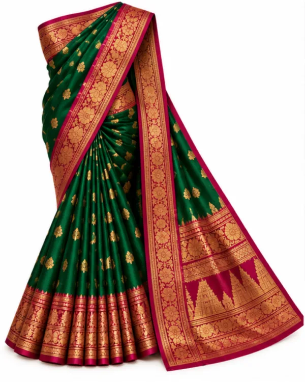 Emerald green Kanchipuram silk saree with magenta temple border, full drape front view