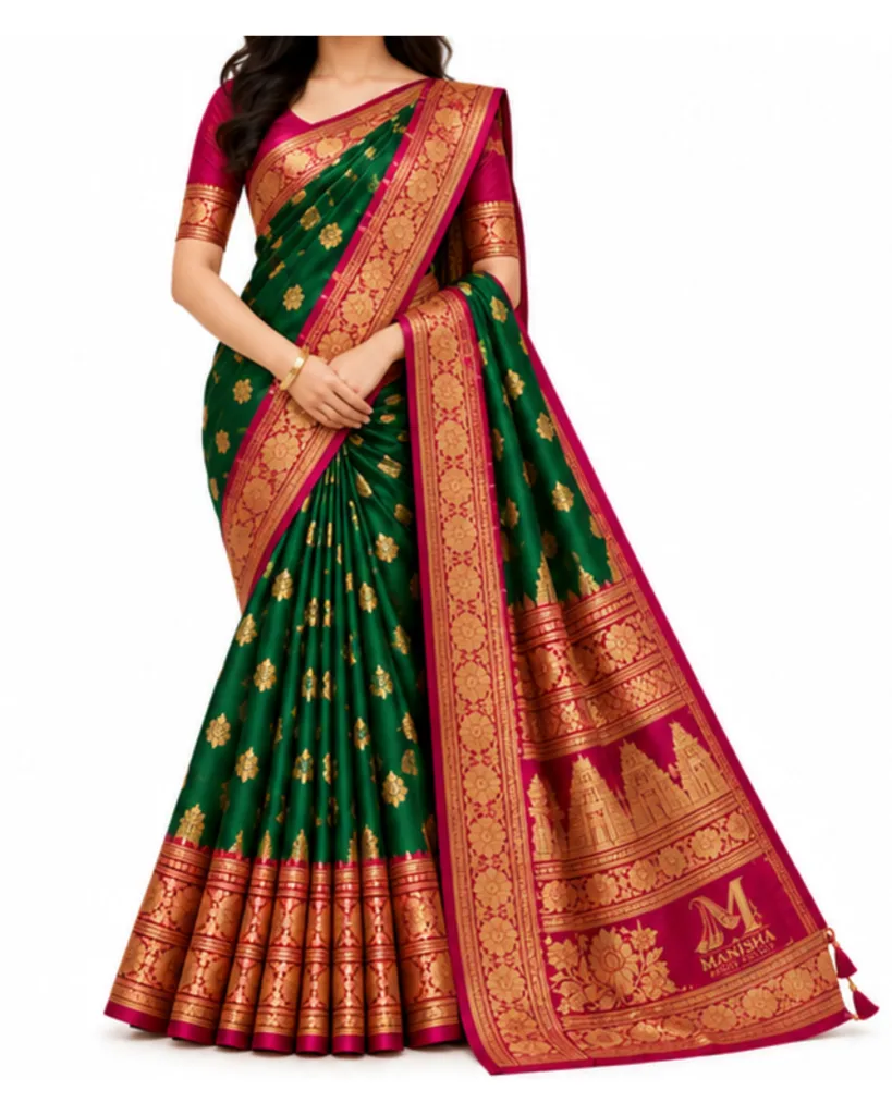 Women's Kanchipuram Silk Saree - Emerald Green/Magenta/Gold