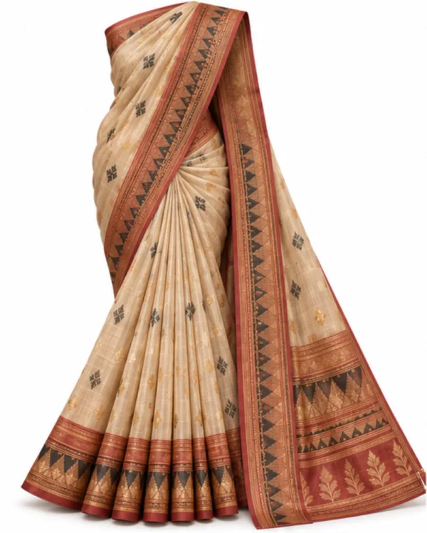Golden beige tussar silk saree with terracotta and black border, full drape front view
